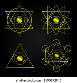 Magic mystical  Set of Golden Sacred Geometry Forms with Eye on gradient black background,Geometric Design,Mystical celestial symbols,occult, alchemy, mystical,meditation,Gold abstract compositions