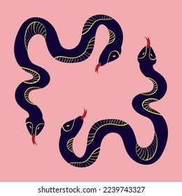 Magic Mystical snakes. Freaky quirky snakes . Card in modern doodle style. Vector illustration