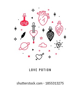 Magic and mystical vector set. Illustration of a love drink, potion, poison and spell. Linear realistic heart icon. Stylish trendy doodles for love concept.