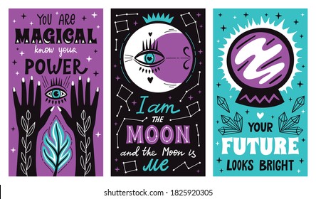 Magic mystical witch lettering posters with witchcraft hand drawn arms, moon, stars and future symbol. Vector illustration.