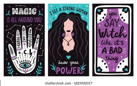 Magic mystical witch lettering posters with witchcraft hand drawn arms, moon, stars and tarot cards. Vector illustration.