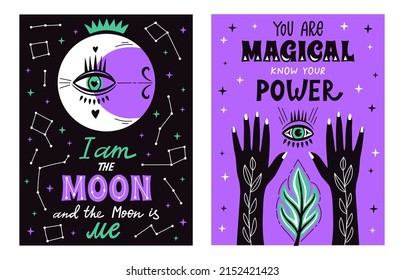 Magic mystical witchcraft lettering posters with witch hand drawn arms, moon, stars and future symbol. Vector illustration.