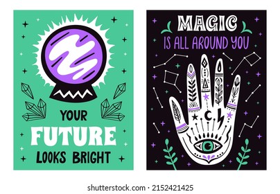 Magic mystical witchcraft lettering posters with hand drawn arm, moon, stars and future symbol. Vector illustration.