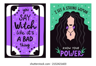 Magic mystical witchcraft lettering posters with witch and tarot card. Vector illustration. Girl power theme