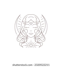 Magic mystical woman witch portrait with half moon bright star minimal logo for makeup beauty salon vector illustration. Sacred fantasy female witch face brand emblem for wellness spa skin care