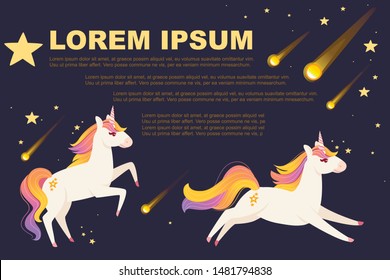 Magic mythical animal from fairy tale running unicorn cartoon animal design flat vector illustration on night sky
