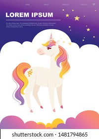 Magic mythical animal from fairy tale unicorn cartoon animal design flat vector illustration on white background with night sky and stars website page design