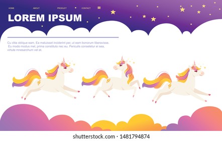 Magic mythical animal from fairy tale unicorn cartoon animal design flat vector illustration on white background with night sky and stars website page design