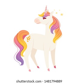 Magic mythical animal from fairy tale unicorn cartoon animal design flat vector illustration isolated on white background