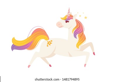Magic mythical animal from fairy tale running unicorn cartoon animal design flat vector illustration isolated on white background