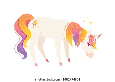 Magic mythical animal from fairy tale unicorn eats cartoon animal design flat vector illustration isolated on white background