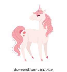 Magic mythical animal from fairy tale pink unicorn cartoon animal design flat vector illustration isolated on white background