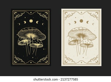 Magic mythical mushroom in engraving, hand drawn, luxury, esoteric, boho style, fit for spiritualist, religious, paranormal, tarot reader, astrologer or tattoo