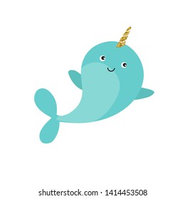 Magic narwhal on white background. Cute sea unicorn vector illustration. Smiling happy animal. Cartoon flat design