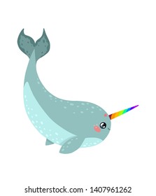 Magic narwhal with a rainbow horn in Japan kawaii style. The cute unicorn of the sea isolated on white background. Happy cartoon characters anime whale with funny faces. Vector illustration.