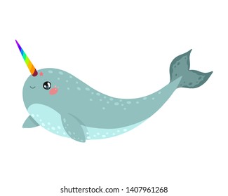 Magic narwhal with a rainbow horn in Japan kawaii style. The cute unicorn of the sea isolated on white background. Happy cartoon characters anime whale with funny faces. Vector illustration.