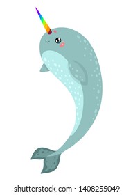Magic narwhal with a rainbow horn in Japan kawaii style. The cute unicorn of the sea isolated on white background. Happy cartoon characters anime whale with funny faces. Vector illustration.