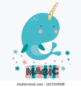 
Magic narwhal vector. Cartoon narval. 
Children's holiday picture. 