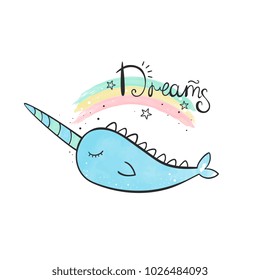 Magic narwhal. A whale with a horn. Watercolor illustration