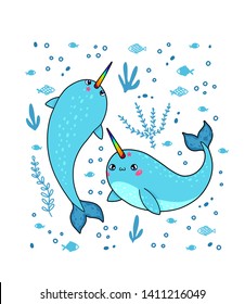 Magic narwhals with a rainbow horn in Japan kawaii style. The cute unicorn of the sea set isolated on white background. Happy cartoon characters anime whale with funny faces. Vector illustration. 