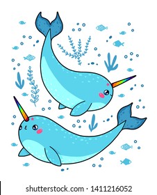 Magic narwhals with a rainbow horn in Japan kawaii style. The cute unicorn of the sea set isolated on white background. Happy cartoon characters anime whale with funny faces. Vector illustration. 