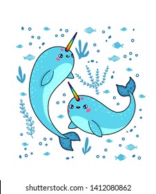 Magic narwhals with a rainbow horn in Japan kawaii style. The cute unicorn of the sea set isolated on white background. Happy cartoon characters anime whale with funny faces. Vector illustration. 