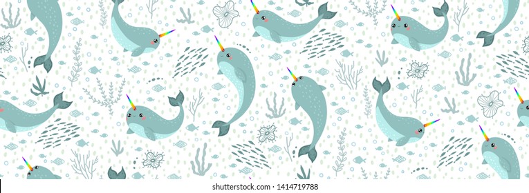 Magic narwhals with a rainbow horn in Japan kawaii style. Vector seamless pattern. The cute unicorn of the sea  isolated on white background. Happy cartoon characters anime whale with funny faces. 