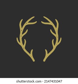 Magic natural horns golden hand drawn outline grunge texture vector illustration. Esoteric bohemian aesthetic symbol of wild animal deer, reindeer, elk, mammal wildlife and hunting minimalist logo