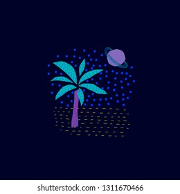 Magic nature Palm Tree card Universe Space travel Planet Star moon cosmos astronomy inspiration graphic design typography element. Hand drawn postcard. Cute simple vector paper cutout collage style