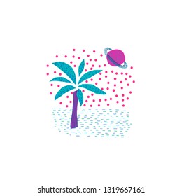 Magic nature Palm Tree card Universe Space travel Planet Star moon cosmos astronomy inspiration graphic design typography element. Hand drawn postcard. Cute simple vector paper cutout collage style