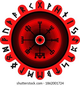 The Magic Navigation Compass of ancient Icelandic Vikings with Scandinavian runes, isolated on white. Vector illustration