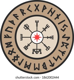 The Magic Navigation Compass of ancient Icelandic Vikings with Scandinavian runes, isolated on white. Vector illustration