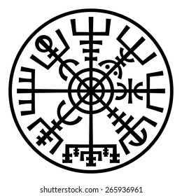 «Vegvisir». The Magic Navigation Compass of Vikings. Runescript from Ancient Medieval Icelandic Manuscript Book. Talisman for luck road and good voyage. (In The Ring)