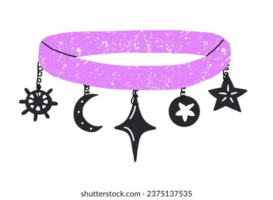 Magic necklace with amulets. Gothic pendant, witchcraft jewelry in black and pink colours. Cartoon vector illustration in flat style isolated on white background