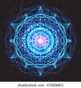 Magic neon blue geometry sign. Abstract sacred geometry. Religion, spirituality, occultism. Alchemy mystical symbol on space background. Vector design illustration.