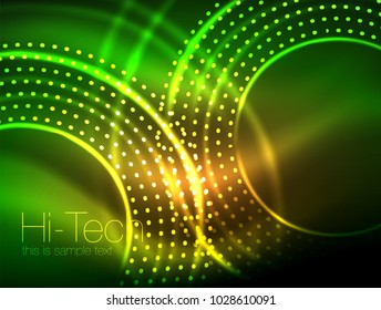 Magic neon circle shape abstract background, shiny light effect template for web banner, business or technology presentation background or elements, vector illustration. Disco or party design