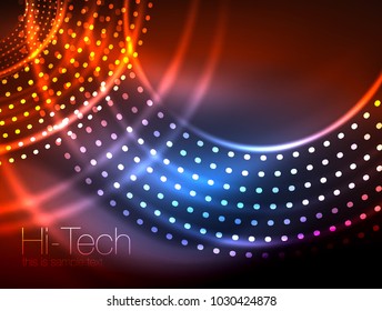 Magic neon circle shape abstract background, shiny light effect template for web banner, business or technology presentation background or elements, vector illustration. Disco or party design