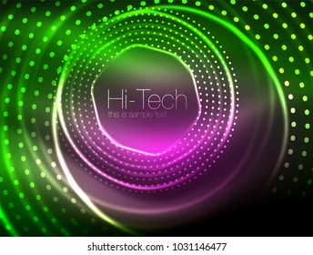 Magic neon circle shape abstract background, shiny light effect template for web banner, business or technology presentation background or elements, vector illustration. Disco or party design