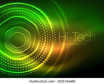 Magic neon circle shape abstract background, shiny light effect template for web banner, business or technology presentation background or elements, vector illustration. Disco or party design