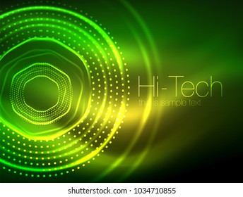 Magic neon circle shape abstract background, shiny light effect template for web banner, business or technology presentation background or elements, vector illustration. Disco or party design