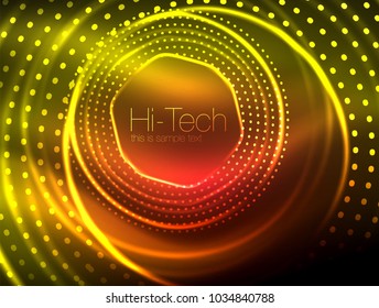 Magic neon circle shape abstract background, shiny light effect template for web banner, business or technology presentation background or elements, vector illustration. Disco or party design