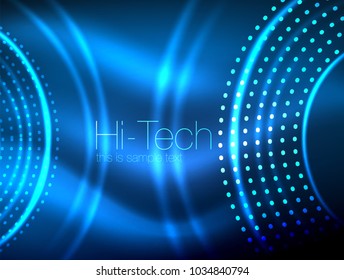 Magic neon circle shape abstract background, shiny light effect template for web banner, business or technology presentation background or elements, vector illustration. Disco or party design