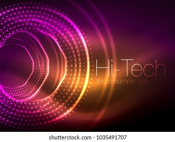 Magic neon circle shape abstract background, shiny light effect template for web banner, business or technology presentation background or elements, vector illustration. Disco or party design