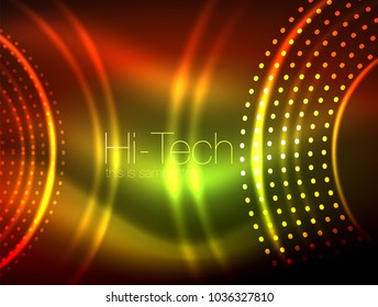 Fondo abstracto de forma de círculo de neón mágico, plantilla de efecto luminoso brillante para banner web, fondo o elementos de presentación de negocios o tecnología, ilustración vectorial. Diseño de disco o fiesta