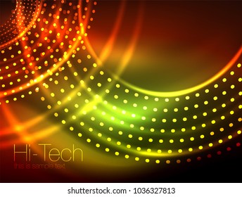 Magic neon circle shape abstract background, shiny light effect template for web banner, business or technology presentation background or elements, vector illustration. Disco or party design