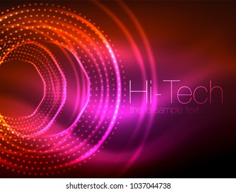 Magic neon circle shape abstract background, shiny light effect template for web banner, business or technology presentation background or elements, vector illustration. Disco or party design