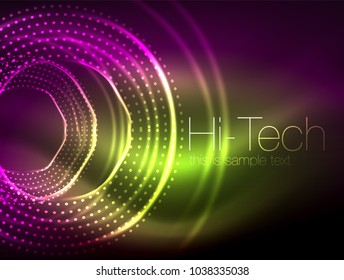 Fondo abstracto de forma de círculo de neón mágico, plantilla de efecto luminoso brillante para banner web, fondo o elementos de presentación de negocios o tecnología, ilustración vectorial. Diseño de disco o fiesta