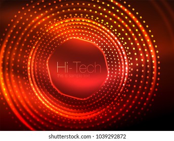 Magic neon circle shape abstract background, shiny light effect template for web banner, business or technology presentation background or elements, vector illustration. Disco or party design