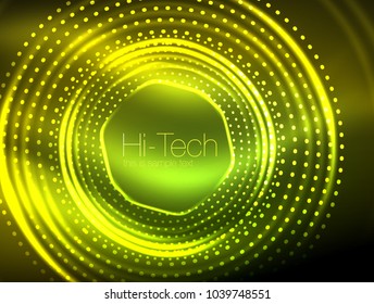 Magic neon circle shape abstract background, shiny light effect template for web banner, business or technology presentation background or elements, vector illustration. Disco or party design