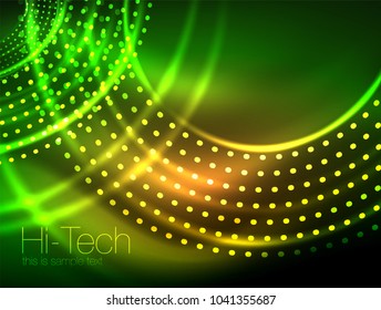 Magic neon circle shape abstract background, shiny light effect template for web banner, business or technology presentation background or elements, vector illustration. Disco or party design